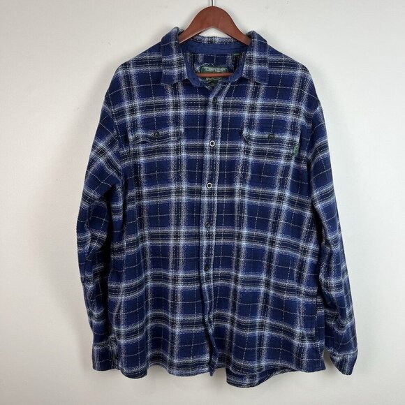 Woolrich Heavy Flannel Shirt Jacket Shacket Mens XXL Blue Plaid Pockets Outdoors - Picture 1 of 13